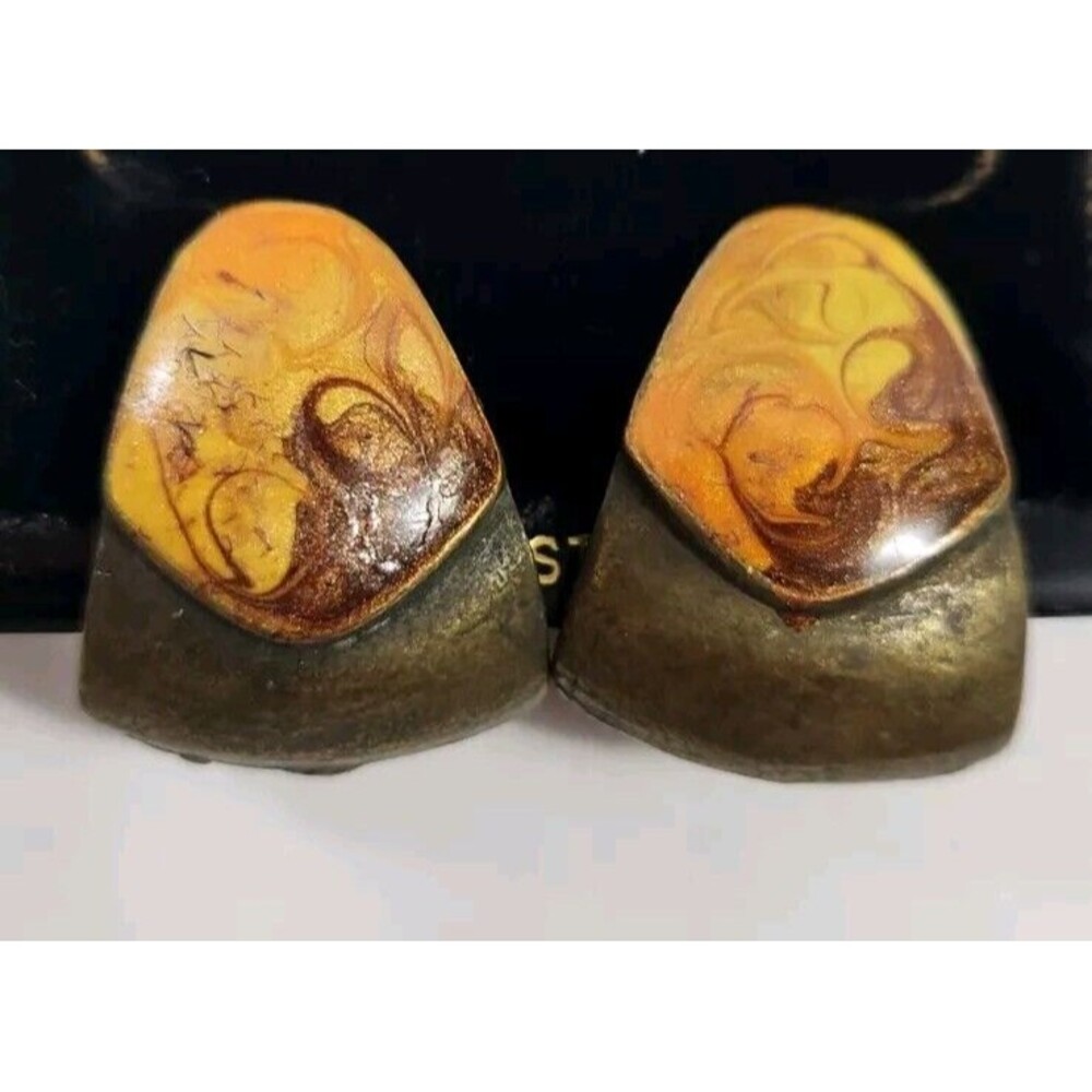 Vtg Casual Corner Gold Hues Brown Swirl Marble Like Earrings Pierced NEW